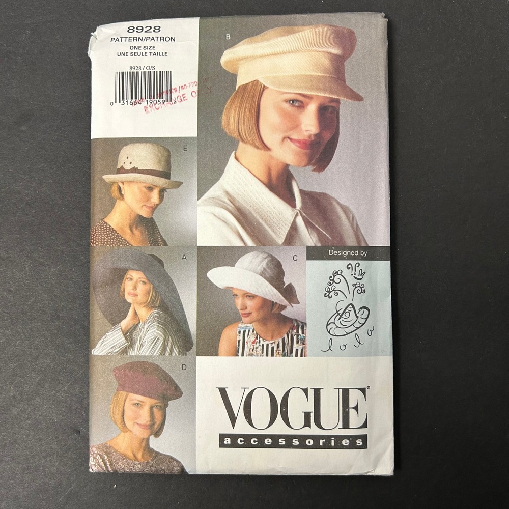Vintage 90's Vogue 8928 Sewing Pattern Lola Hats One Size 90s‎ Accessories